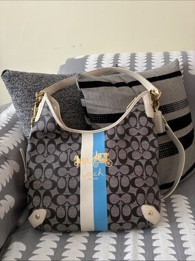 Coach Gray Signature Crossbody/Hobo Shoulder Bag with Blue and Cream Stripe